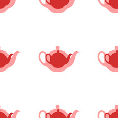 Seamless pattern of large isolated red teapot for tea symbols. The elements are evenly spaced. Illustration on light red background
