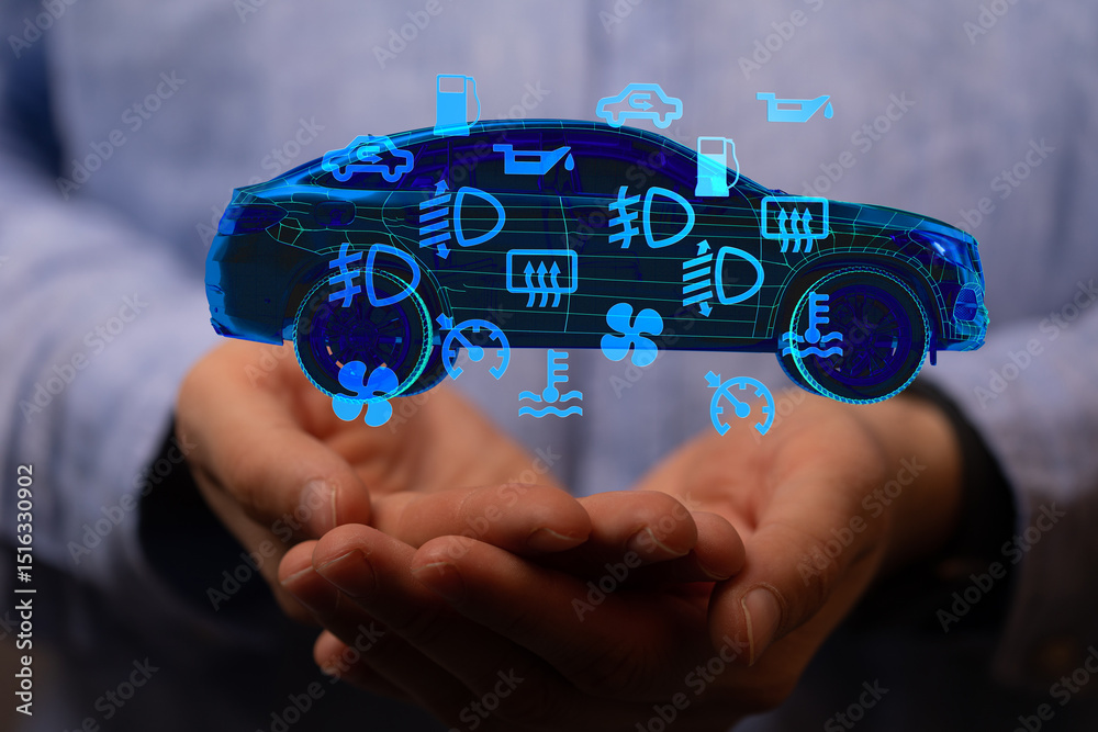 Poster modern car technology. digital display of auto diagnostics and maintenance alerts.