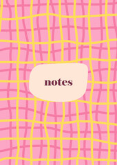 Vector hand-drawn minimalist notes cover template with pastel pink and yellow tones, wavy lines, checker pattern. Trendy, playful designs for social media, stationery, and branding