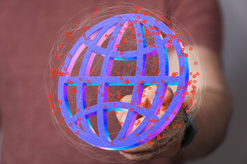 Person interacting with a digital globe, representing global connectivity and networking.