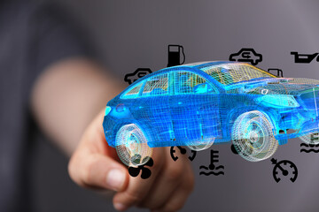 Futuristic blue car 3D model with digital maintenance icons.  Perfect for automotive technology, repair, or innovation.