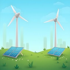 Modern illustration of solar panels and wind turbines on green hill under blue sky, representing sustainable energy future