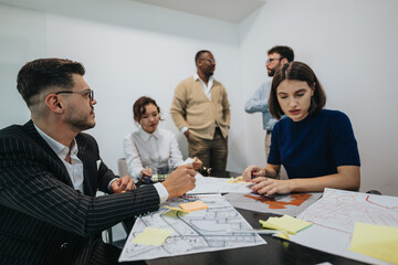 Multicultural business workers gather around a table, analyzing maps and discussing project ideas....