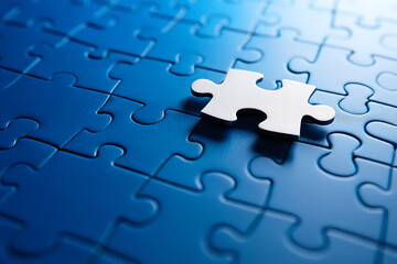 A single white puzzle piece resting atop a sea of blue puzzle pieces representing teamwork and solving a problem