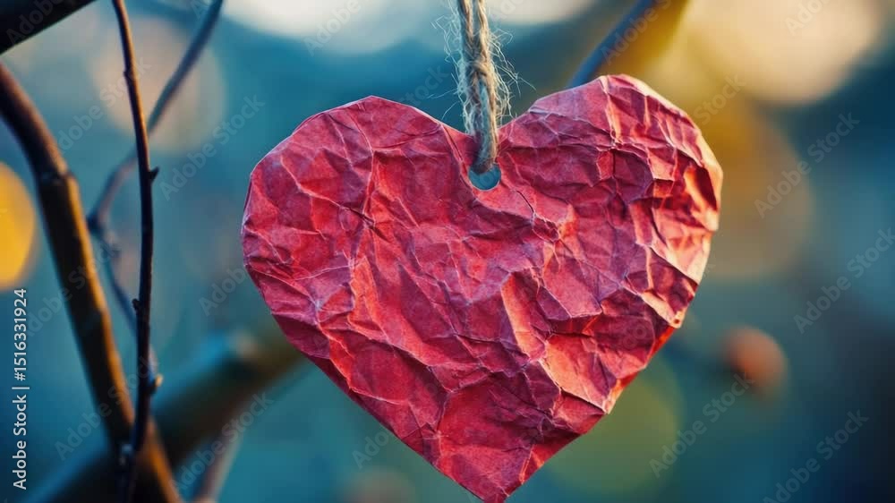 Poster a paper heart hangs from a tree branch, symbolizing love and affection
