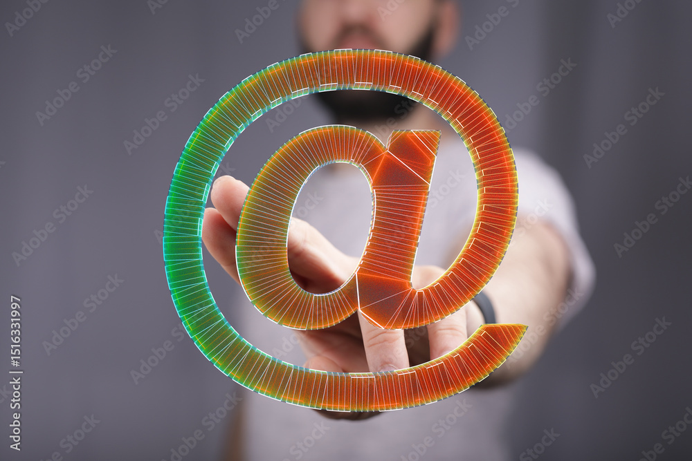 Poster Abstract image of a person holding a digital email symbol, representing online communication and networking.