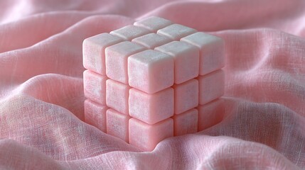 Abstract pink cube sculpture on draped fabric, showcasing geometrical harmony