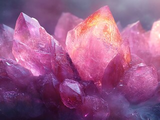 Captivating pink and orange crystals formation with ethereal glowing mist