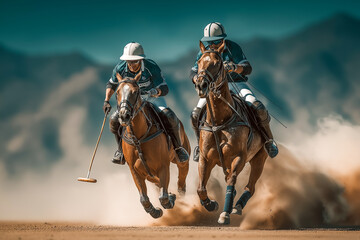 Naklejka premium Equestrian polo match in action, riders racing across the field on horseback, generating a cloud of dust in outdoor competition.