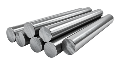 Steel Rods: A close-up shot of shiny, metallic steel rods arranged in a close formation, displaying the industrial aesthetic and material properties of the material.