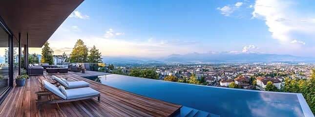 Pool and Modern House with City and Mountain Landscape - Summer Holiday
