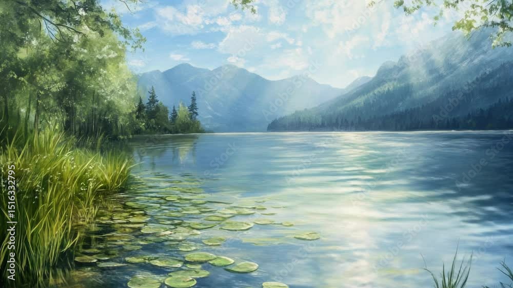 Poster a serene lake scene featuring floating lily pads and calm water, perfect for use in nature-inspired 