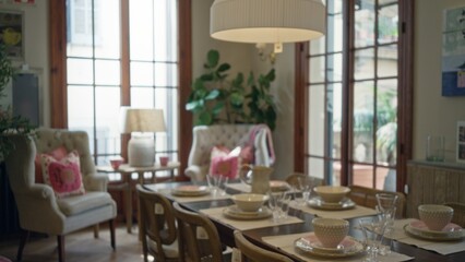 Indoor living room scene with elegant dining setup, defocused bokeh effect highlighting cozy decorating items and soft lighting through large windows.