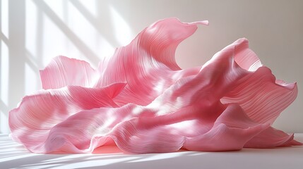 Soft pink fabric sculpture illuminated with ethereal light and gentle shadows
