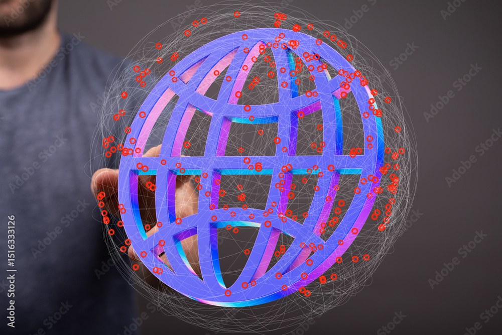 Poster a hand interacts with a 3d globe, illustrating global network connection and data flow.