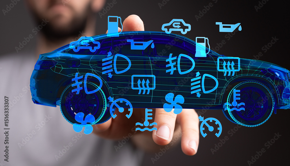 Poster Modern car diagnostics.  Interactive dashboard display showing alerts and maintenance needs.
