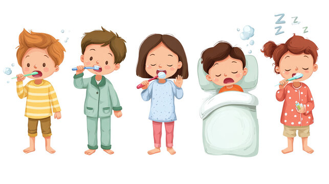 Five children demonstrating good habits including brushing their teeth, sleeping, and maintaining oral hygiene, all set against a transparent background