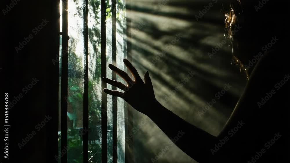 Aufkleber A person stands in front of a window with sunlight streaming through, perfect for scenes of introspection or contemplation