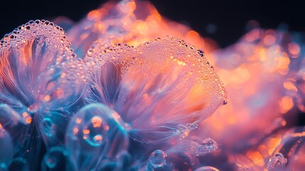 Enchanting floral spectacle with crystalline dew and surreal luminescence