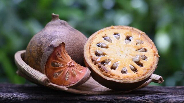 ฺFresh beal fruit and dried slice on natural background.