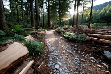 A scenic pathway weaves through a tranquil forest, surrounded by tall trees and sunlight filtering through the leaves, inviting exploration and peace.
