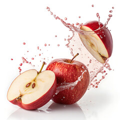 “Red Apple Cut in Half with Juice Splash on White Background – High Resolution Realistic Fruit Image”