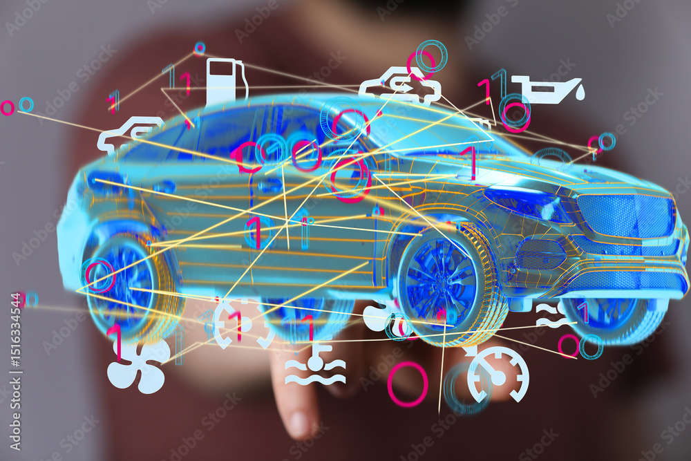 Poster innovative digital car diagnostics and maintenance. see how connected car tech improves efficiency.