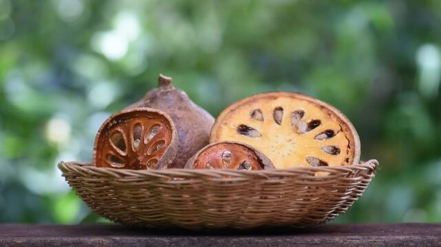 ฺFresh beal fruit and dried slice on natural background.