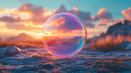 Iridescent sphere in a rugged landscape reflects the vibrant sunset sky