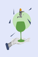 Collage of dancing people in animal masks and alcohol drinks with disco ball spotlights for party celebration concept