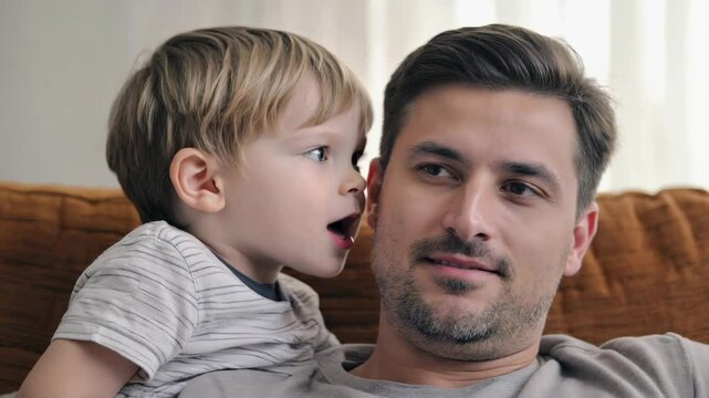 Father listening to young son whispering while sitting on a sofa  
