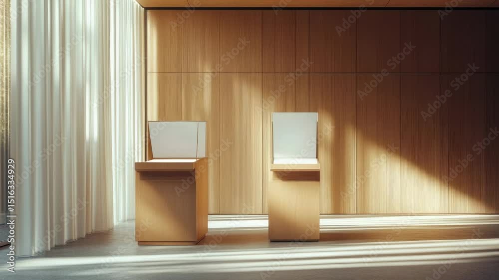 Poster a room with two wooden tables and a mirror, ideal for studying, working or office use