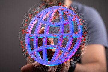 Person interacts with a digital globe, representing global connectivity and networking.