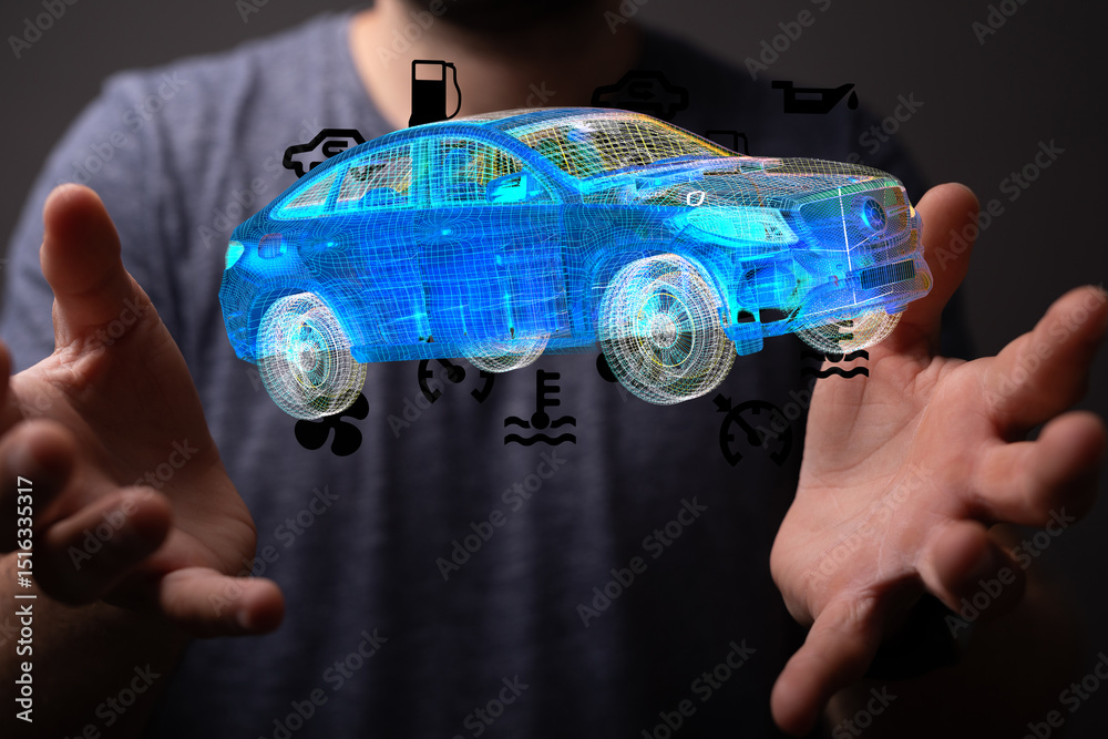 Poster futuristic image of a digital car model with diagnostic icons, representing car maintenance and tech