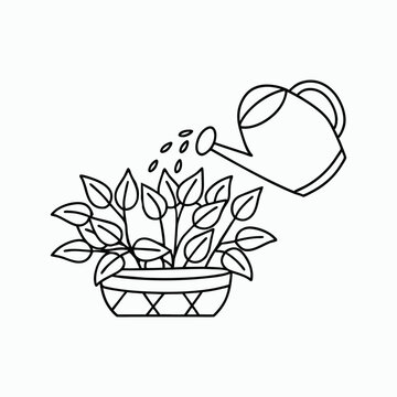 recommend clip art: Plant Watering Vector Line Art – Gardening Icon with Watering Can and Flower Pot