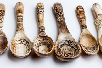 a set of wooden spoons hand-carved with intricate patterns gently clinking together mid-motion, isolated cleanly against a pure