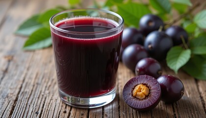 Jamun or Black Plum Juice in a Glass with Fruit and Leaves Isolated on a Wooden Background with Also Known as Malabar Plum, Syzygium Cumini or Jambolan.