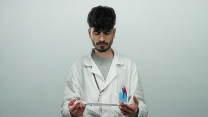 Young man in white coat holding a mask against a plain white background, conveying serious...