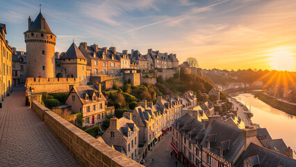 Evocation de Dinan en France, vue panoramique au coucher du soleil