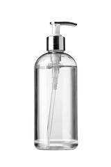 A sleek, transparent glass bottle of hand soap with a modern silver pump dispenser.