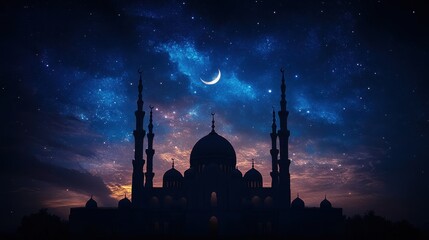 A mosque silhouette shines under a crescent moon and starry, celestial sky. Perfect for Ramadan, Eid, or Islamic themed content for digital and print use.