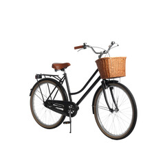 Elegant black bicycle with brown leather seat and on transparent background two