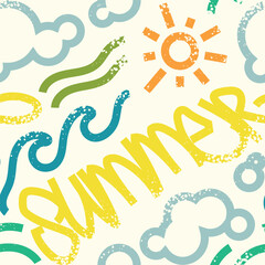 Seamless pattern with hand drawn sun, cloud and lettering.