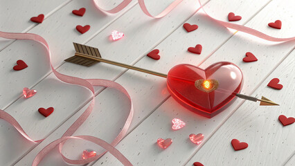 valentine day themed 3d render of love heart pierced with arrow concept