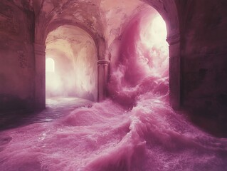 Architectural dreamscape: A surreal hall filled with pastel pink ethereal fluid