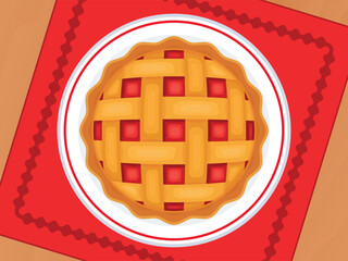 Lattice pie on a plate top view vector illustration. Round sweet pie on a wooden table above view vector. Whole latticed fruit-filled pie on the table drawing