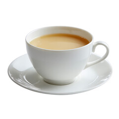 A steaming cup of coffee served in a pristine white porcelain cup with a matching saucer, creating an inviting and warm atmosphere for any coffee lover.