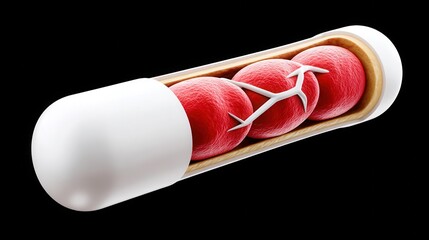 Medical 3D illustration of a capsule containing red blood cells and blood vessels, representing drug delivery or nanomedicine technology.
