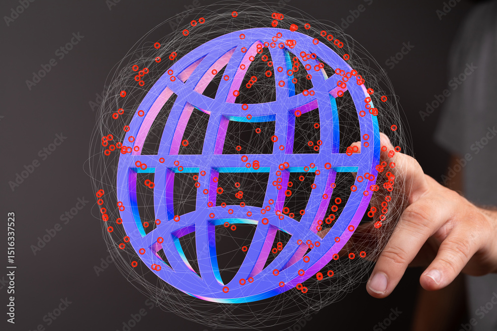 Leinwandbilder Hand interacting with a 3D globe, showcasing global network and data connections.