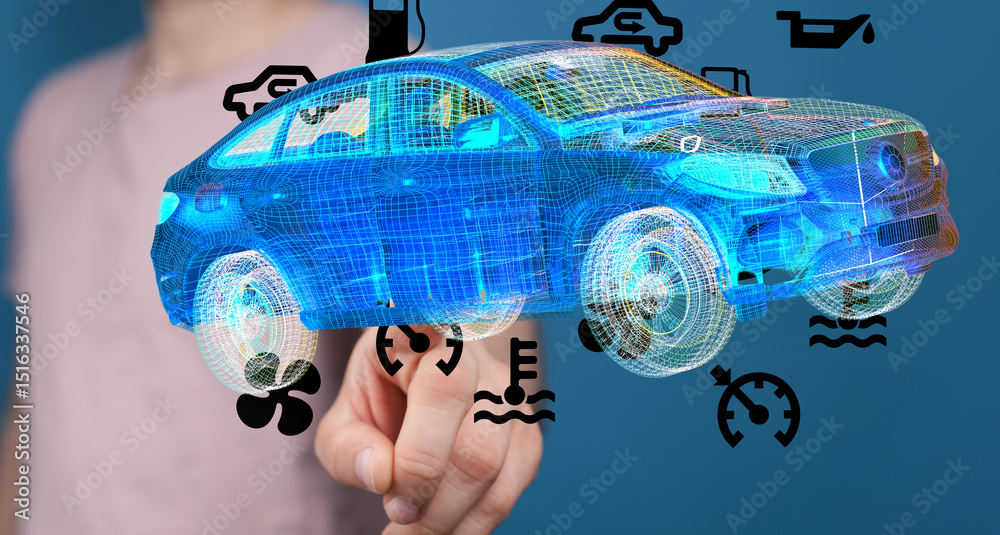 Poster Modern car repair technology visualized.  Efficient diagnostics for faster fixes.